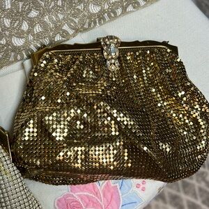 Vintage Gold metal mesh Whiting and Davis clutch with rhinestone clip closure